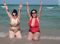 Two Swimsuit Big Girls Frolic In The Water - female clothed