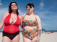 Couple Of Plump Ladies At The Beach In Swimwear - clothed thick dark haired female